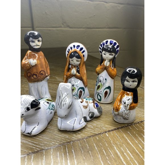 Mexican Folk Art 13 Pc NATIVITY SCENE Tonala Pottery Christmas Décor Green Brown - Picture 5 of 8